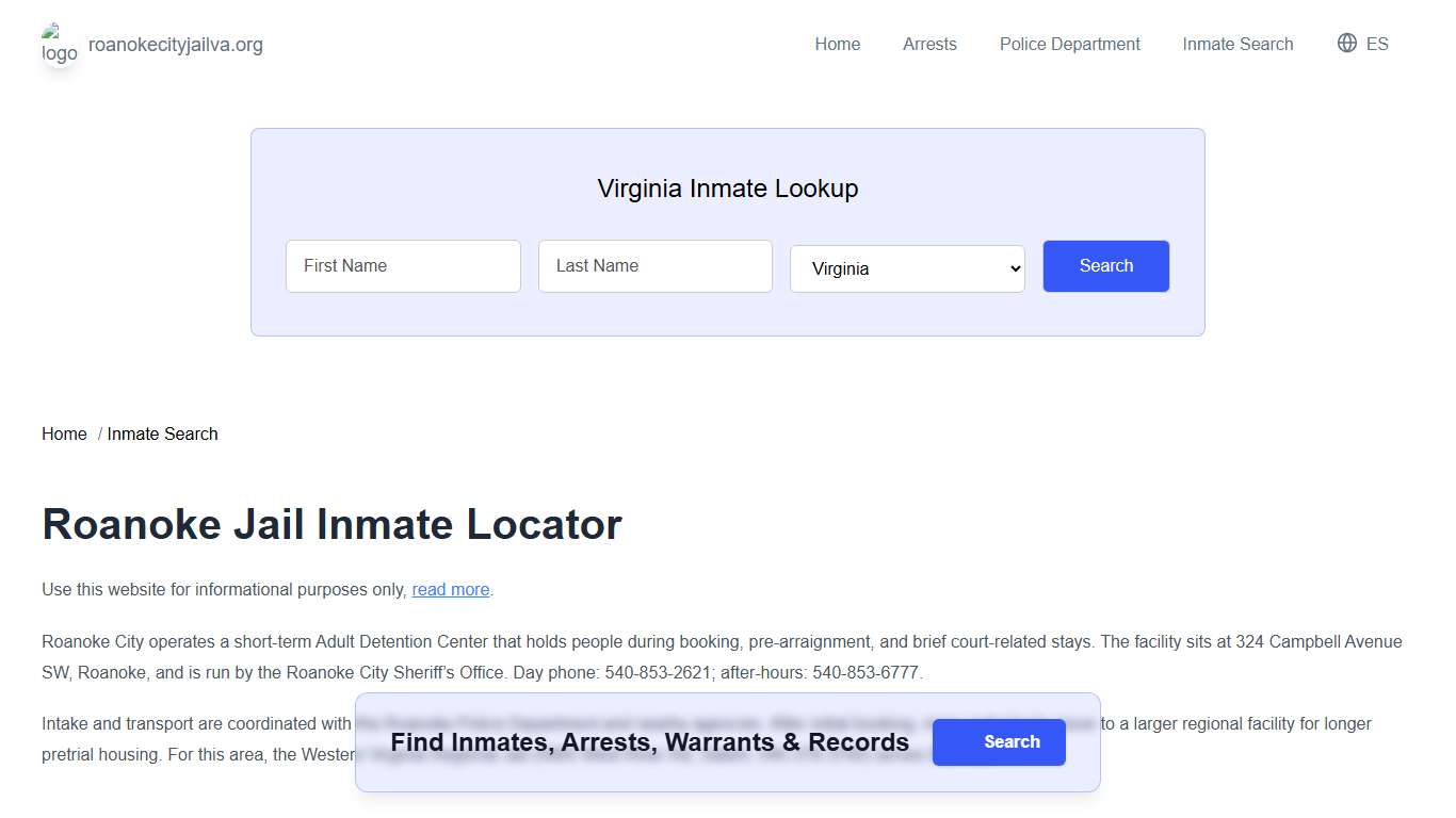 Roanoke, VA Municipal Jail Inmate Search